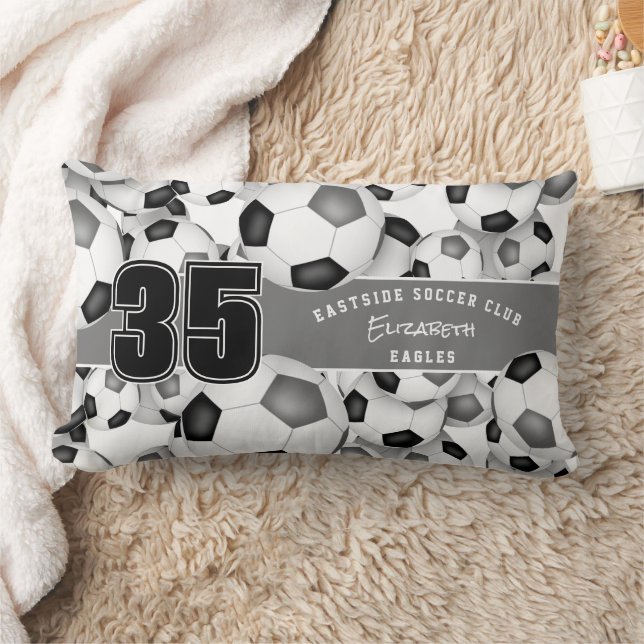 black grey team colours Lots of soccer balls Lumbar Cushion (Blanket)