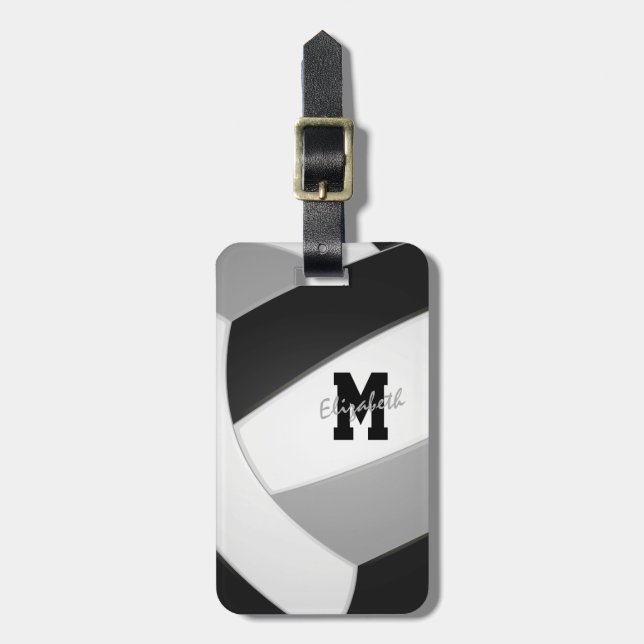black grey team colours monogrammed volleyball luggage tag (Front Vertical)