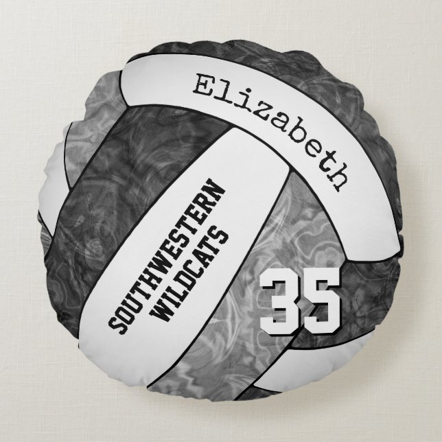 black grey team spirit colours girls volleyball round cushion (Front)