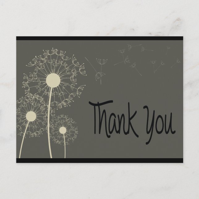 Black & Grey Thank You Dandelion Floral  Post Card (Front)