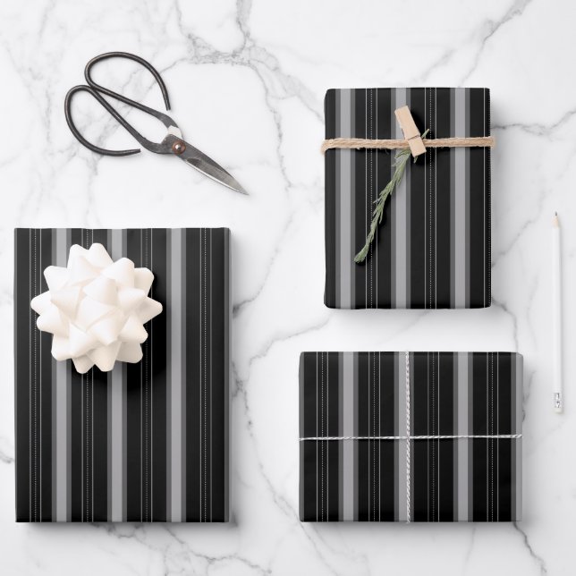 Black & Grey Thick and Thin Stripes Wrapping Paper Sheet (Front)