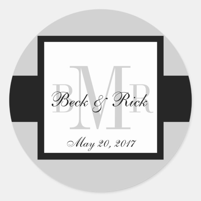 Black Grey Three Monograms Wedding Label (Front)