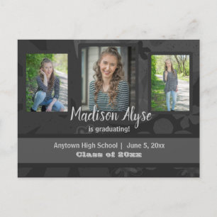 Black / Grey Three Photo Graduation Save the Date Postcard