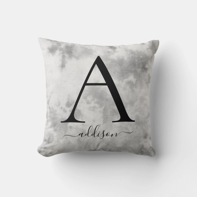 Black Grey Tie-Dye Monogram Name Cushion (Front)
