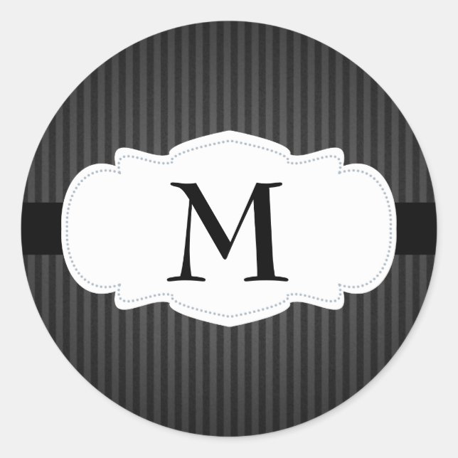 Black & Grey Vertical Stripes Monogram Classic Round Sticker (Front)
