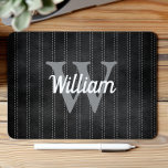 Black Grey Vintage Pinstripe Retro Monogram Mouse Mat<br><div class="desc">This design features a vintage pinstripe pattern in off black with pale grey dashed stripes. Personalise it with your monogram initial in grey and your name in white retro script.</div>