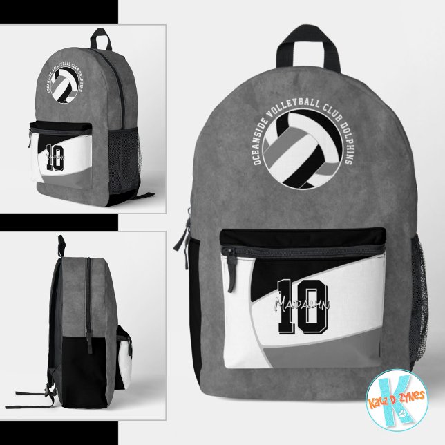 black grey volleyball team colours team name printed backpack (Creator Uploaded)