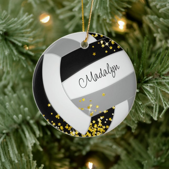 black grey volleyball with tiny gold stars ceramic tree decoration (Tree)
