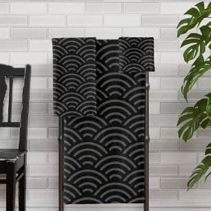 Black Grey Wave Pattern Japanese Style Bath Towel Set