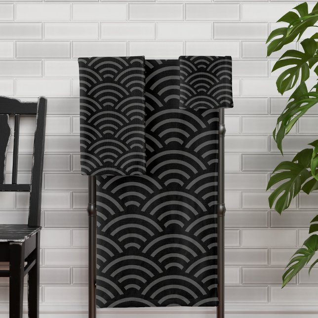 Black Grey Wave Pattern Japanese Style Bath Towel Set (A modern take on the traditional Japanese Seigaiha wave print pattern perfect for your japandi style)