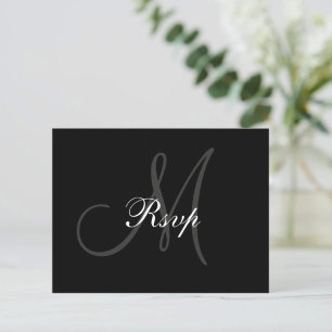 Black Grey Wedding Monogram RSVP Postcard