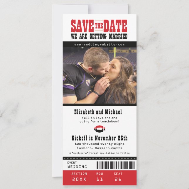 Black Grey Wedding Save the Date Football Ticket (Front)
