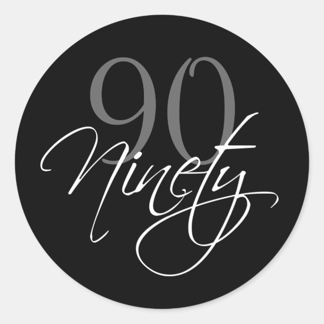 Black Grey White 90th Birthday Party Classic Round Sticker (Front)