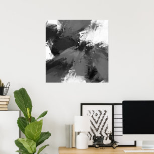 Black Grey White Abstract Modern Brushstrokes Poster