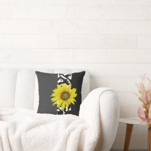Black Grey White Abstract Modern With Sunflower Cushion