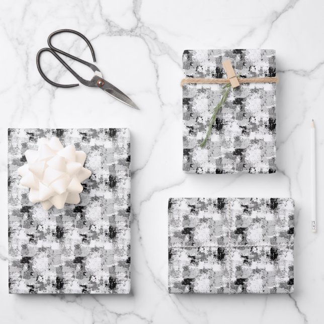 Black, Grey & White Abstract Paint  Wrapping Paper Sheet (Front)