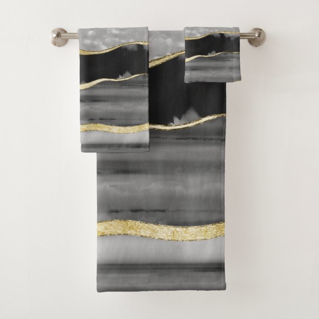 Black Grey White Agate Gold Stripe Glam #1 #gem   Bath Towel Set (Insitu)