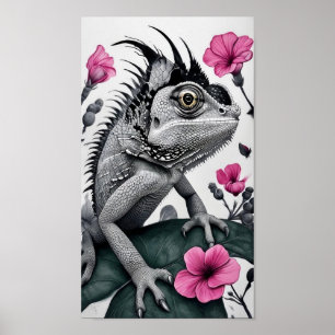 Black Grey White Chameleon With Pink Flowers Poster