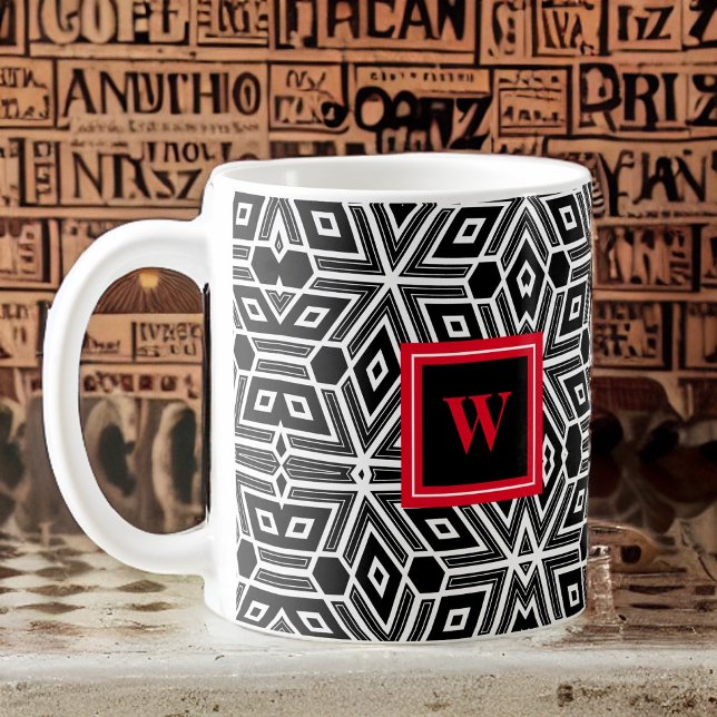 Black Grey White Cubism Neo Geo with Red Monogram  Coffee Mug (Creator Uploaded)