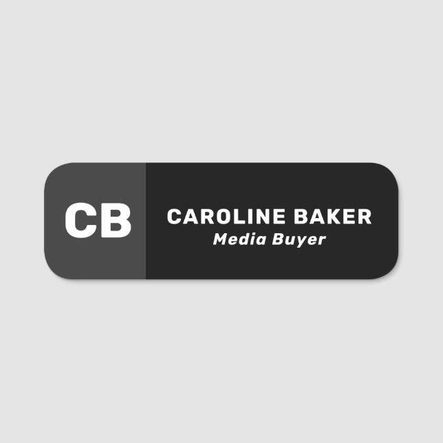 Black Grey White -  Elegant Monogram Name Tag (Front)