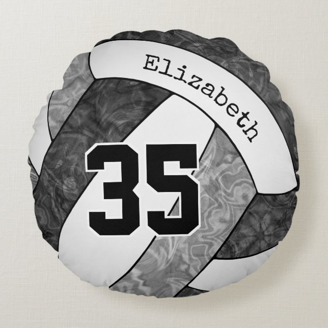 black grey white girls volleyball team colours round cushion (Front)