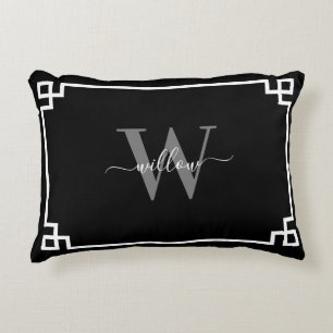 Black Grey White Greek Key Monogrammed  Decorative Cushion