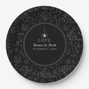 Black Grey & White Halloween Spider LOVE Wedding Paper Plate