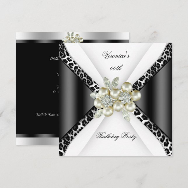 Black Grey White Leopard Pearl Birthday Party Invitation (Front/Back)