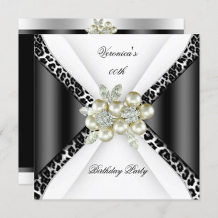 Black Grey White Leopard Pearl Birthday Party Invitation