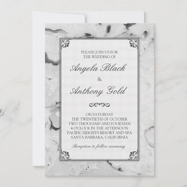 Black Grey White Marble Marbled Wedding Invitation (Front)