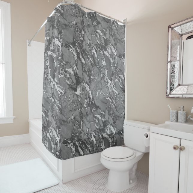 Black, Grey & White Marble Shower Curtain (In Situ)