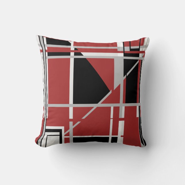 Black Grey White on Dark Red Abstract Labyrinth Cushion (Front)