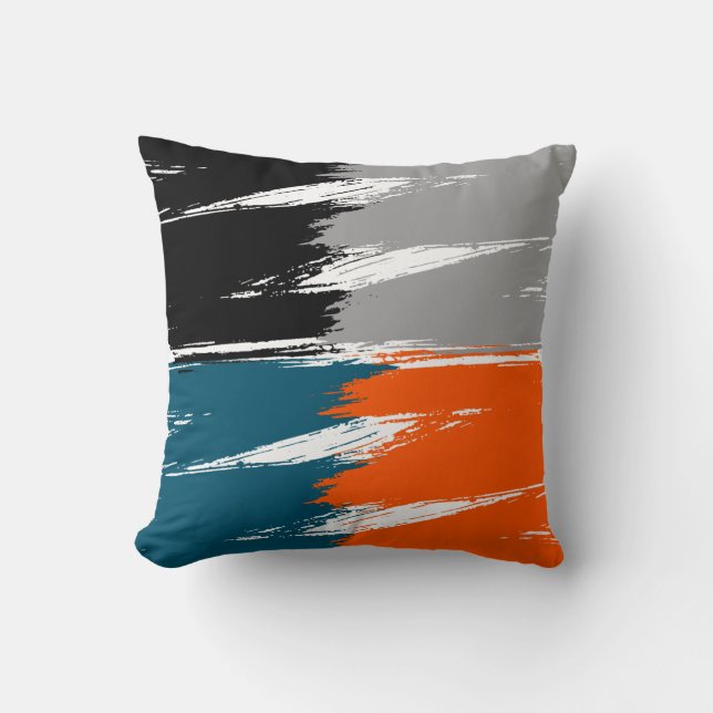 Black Grey White Orange Ming Brush Stroke Paint Cushion (Front)