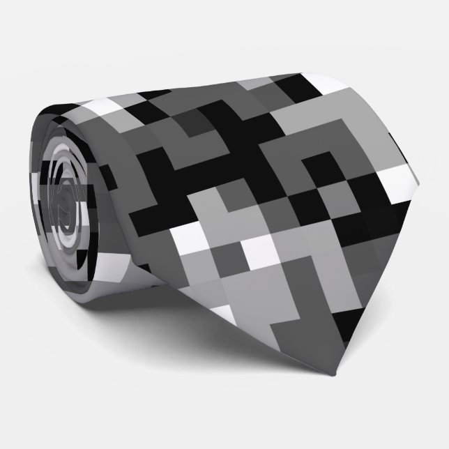 Black Grey White Pixel Pattern Tie (Rolled)