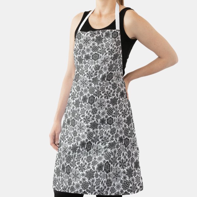 Black Grey White Retro Floral Art Seamless Pattern Apron (Insitu)