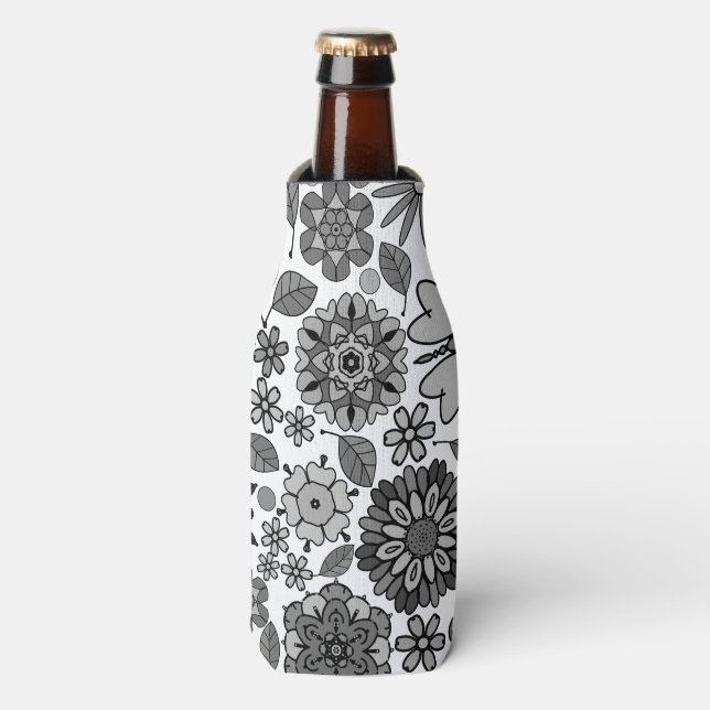 Black Grey White Retro Floral Art Seamless Pattern Bottle Cooler (Bottle Front)