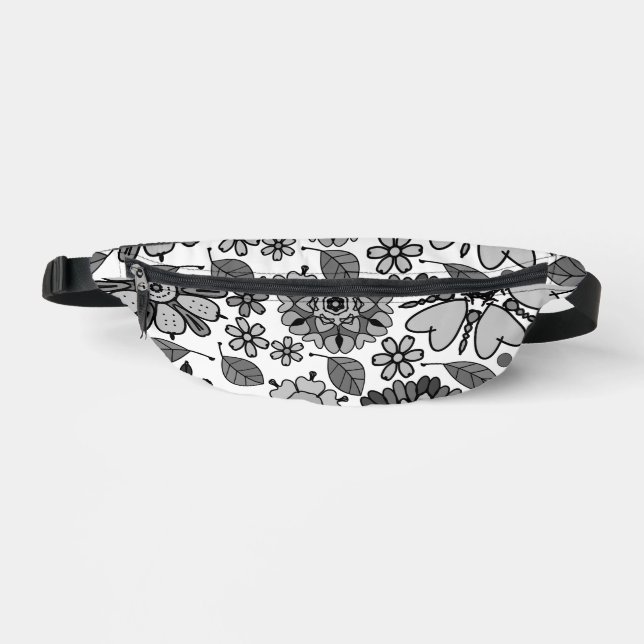 Black Grey White Retro Floral Art Seamless Pattern Bum Bags (Front)
