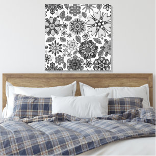 Black Grey White Retro Floral Art Seamless Pattern Canvas Print