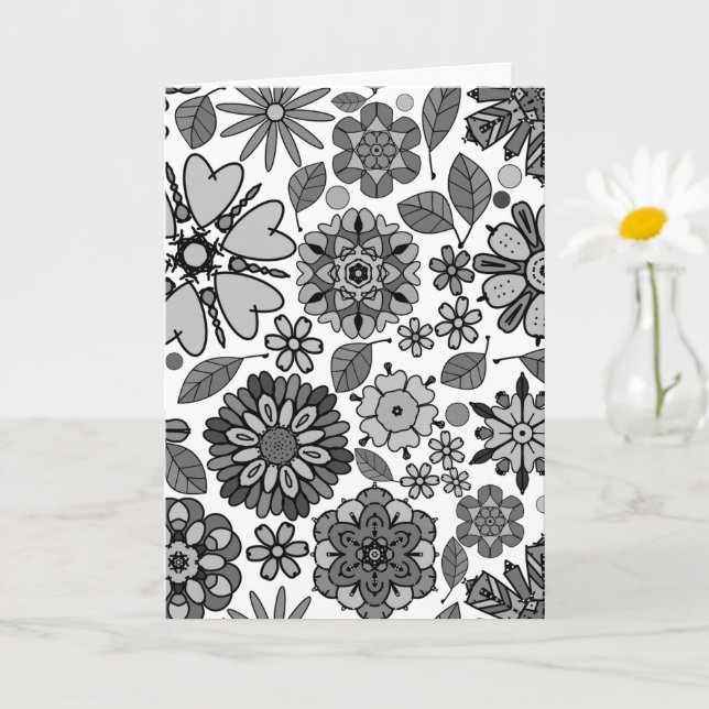 Black Grey White Retro Floral Art Seamless Pattern Card (Small Plant)
