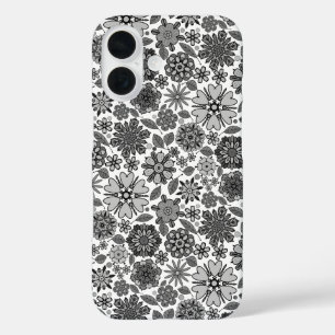 Black Grey White Retro Floral Art Seamless Pattern iPhone 16 Case