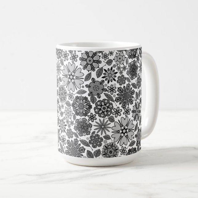 Black Grey White Retro Floral Art Seamless Pattern Coffee Mug (Front Right)