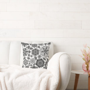 Black Grey White Retro Floral Art Seamless Pattern Cushion