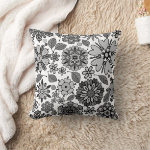 Black Grey White Retro Floral Art Seamless Pattern Cushion