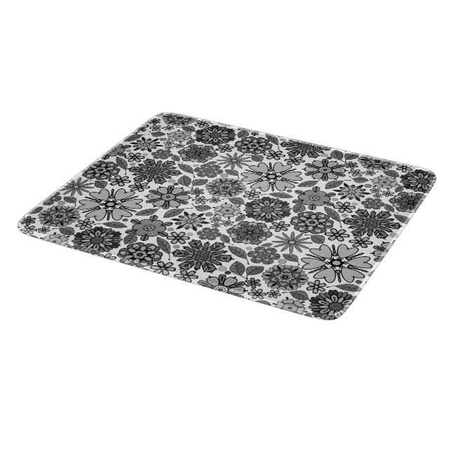 Black Grey White Retro Floral Art Seamless Pattern Cutting Board (Corner)