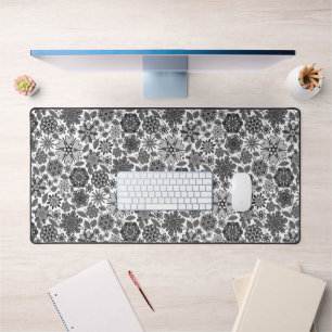 Black Grey White Retro Floral Art Seamless Pattern Desk Mat