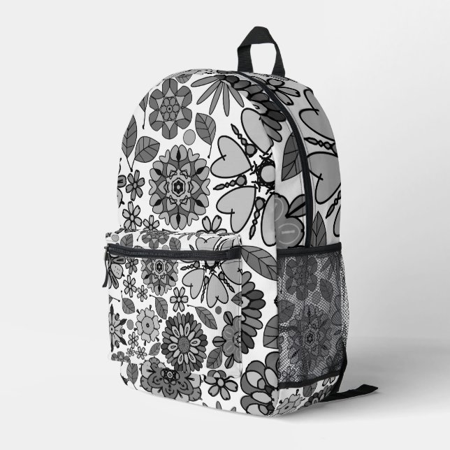 Black Grey White Retro Floral Art Seamless Pattern Printed Backpack (Back Corner Right)