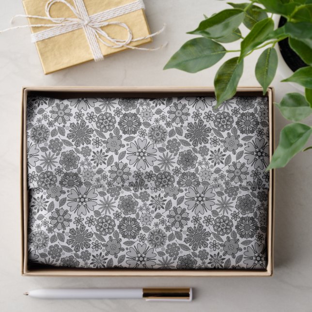Black Grey White Retro Floral Art Seamless Pattern Tissue Paper (Gift)