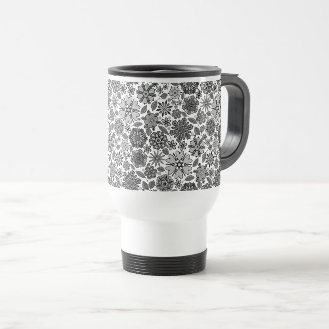 Black Grey White Retro Floral Art Seamless Pattern Travel Mug (Front Right)