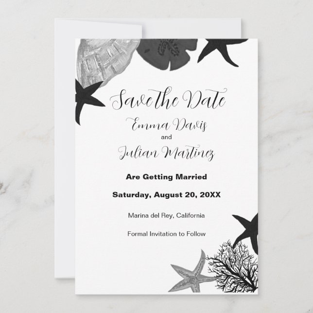 Black-grey-white seashell casual save the date invitation (Front)