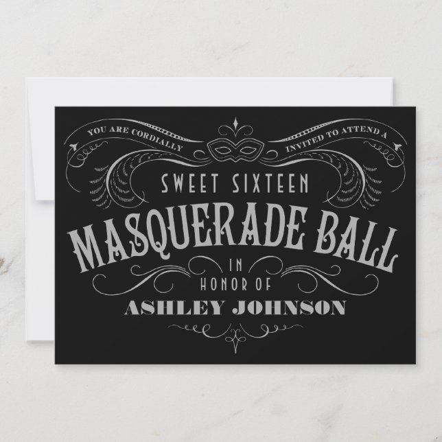 Black, Grey & White Sweet 16 Masquerade Invitation (Front)